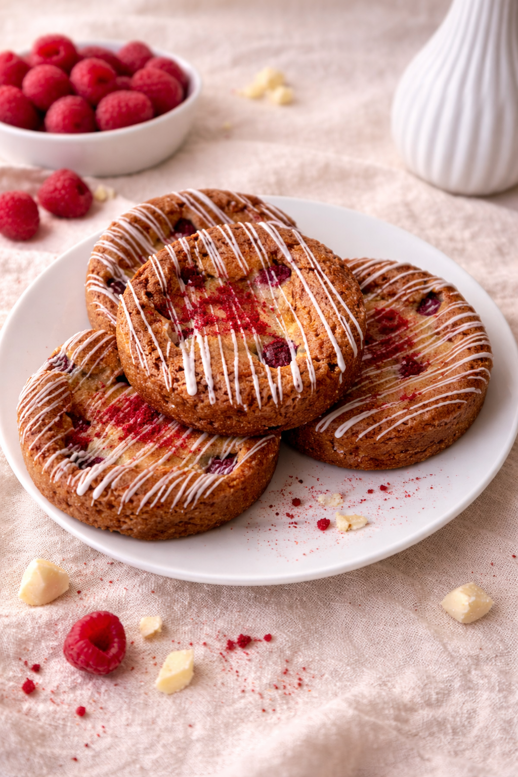 Cookie à la framboise et chocolat blanc sur assiette
